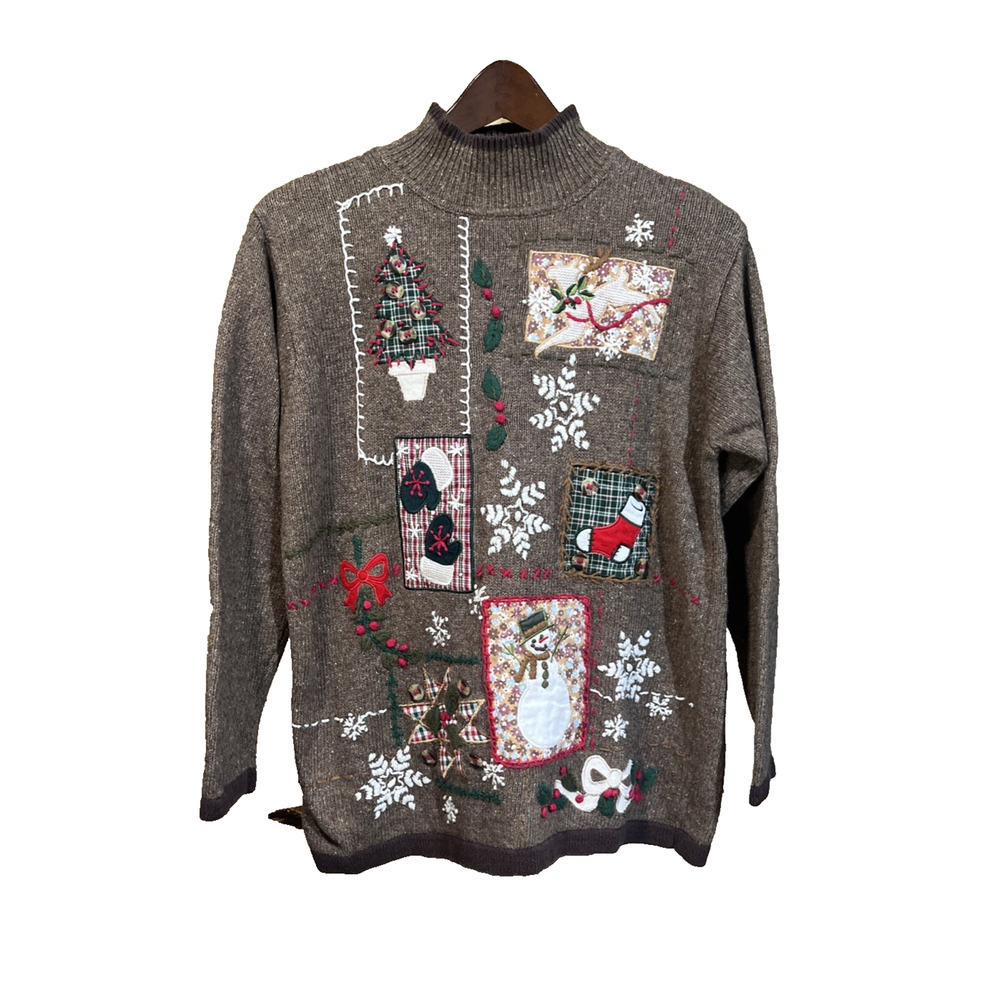 VTG B.P. Design Patchwork Embroidered Christmas Sweater Women's Sz Medium Brown